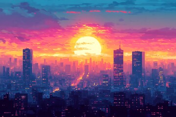 Obraz premium Sunset Cityscape, vibrant hues