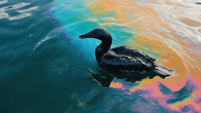 Oil spill impacts marine life as seabird struggles amidst rainbow sheen in ocean waters. Generative AI