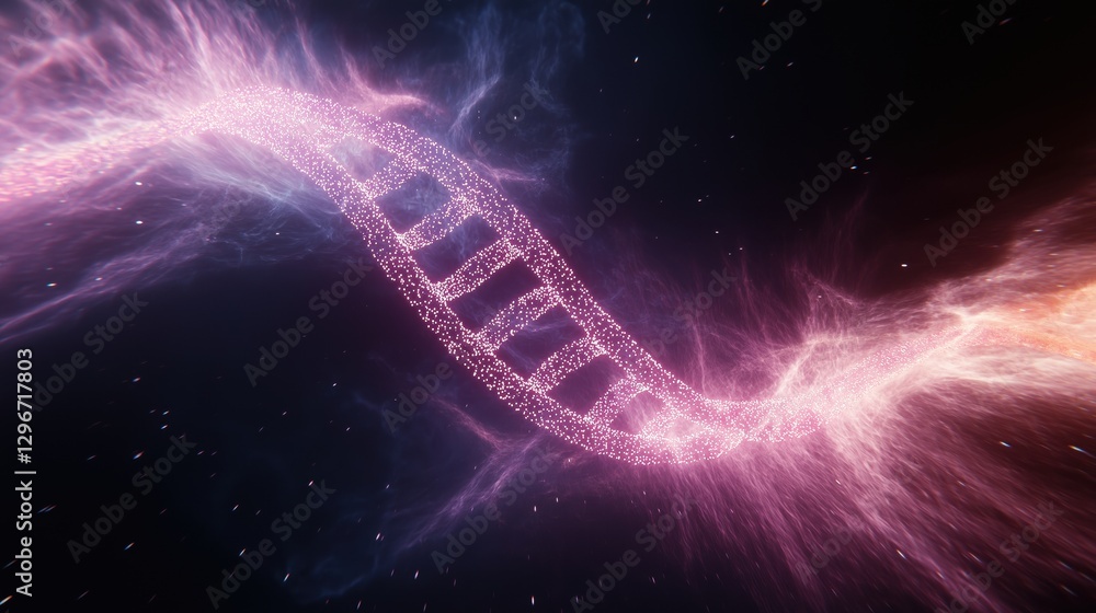 Poster glowing dna double helix forming in a dark cosmic background with colorful streams of light