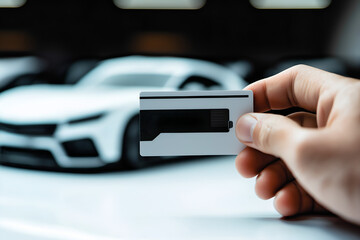 A hand holding a blank card or a ticket with supercar sport car in a background.