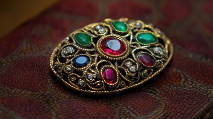 Obraz premium Vintage brooch with intricate gemstone detailing on a soft pink surface