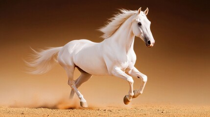 Obraz premium Majestic White Horse Galloping Elegantly in Golden Sandy Landscape with Flowing Mane and Graceful Movement Captured in Beautiful Natural Light