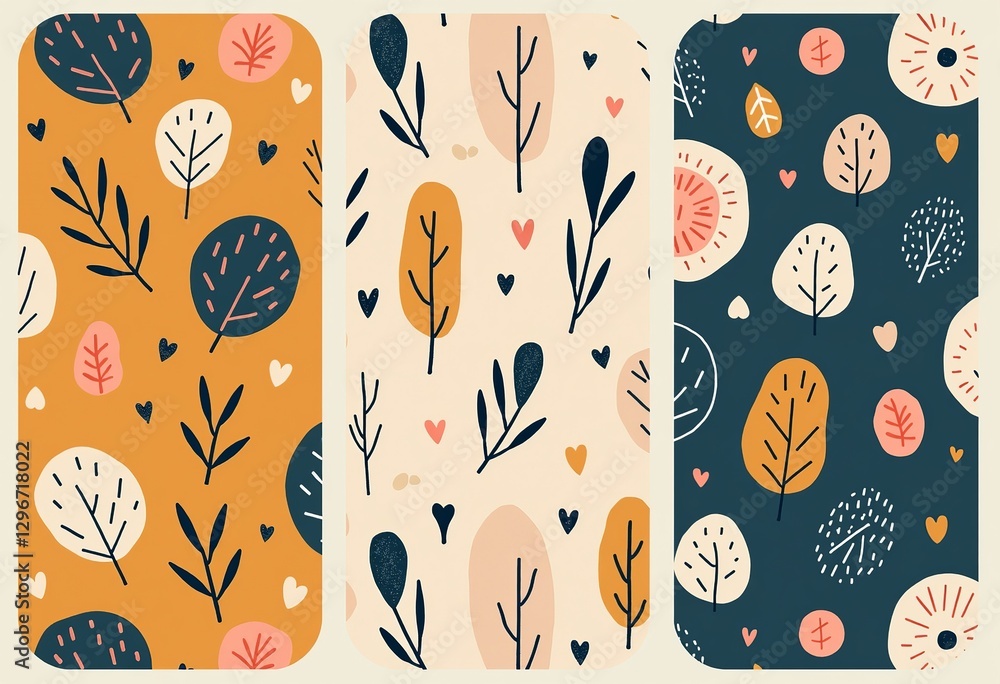 Poster scandinavian seamless pattern set: hand-drawn abstract designs with doodles, dots, and lines on a be
