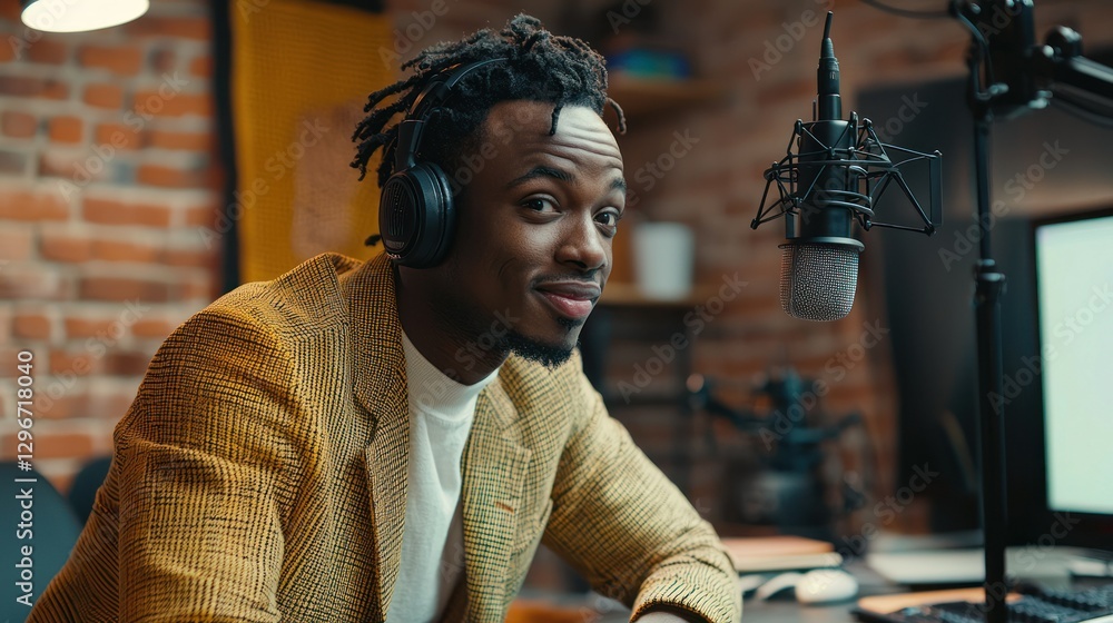 Aufkleber a confident podcast host speaking into a microphone in a professional studio.
