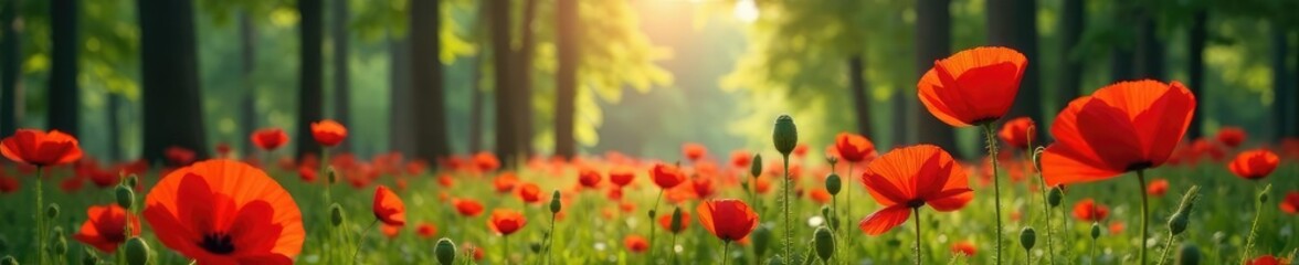 Obraz premium Red poppies swaying gently in the breeze amidst tall trees, tall trees, nature, forest