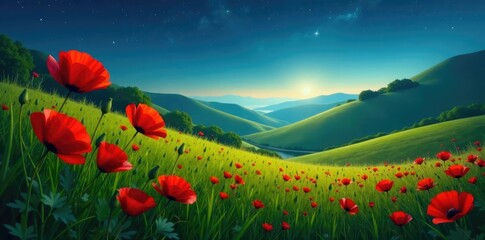 Obraz premium Red poppies in a lush green meadow under starlight, hills, landscape