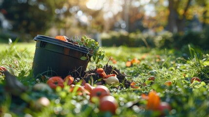 Garden Scene with Spilled Vegetables and Planting Pot on Grass