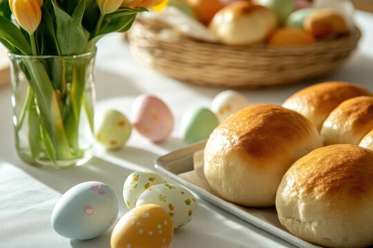 Freshly baked rolls beside colorful Easter eggs and vibrant tuli