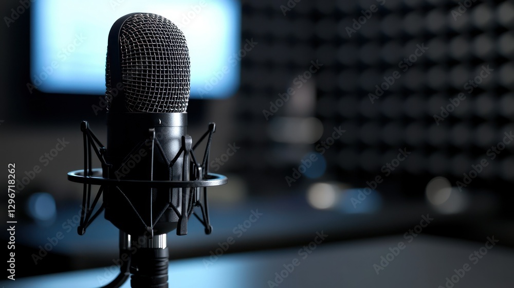 Poster a confident podcast host speaking into a microphone in a professional studio.