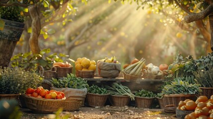 Fresh Organic Produce in Sunlit Grove Surrounded by Vibrant Colors
