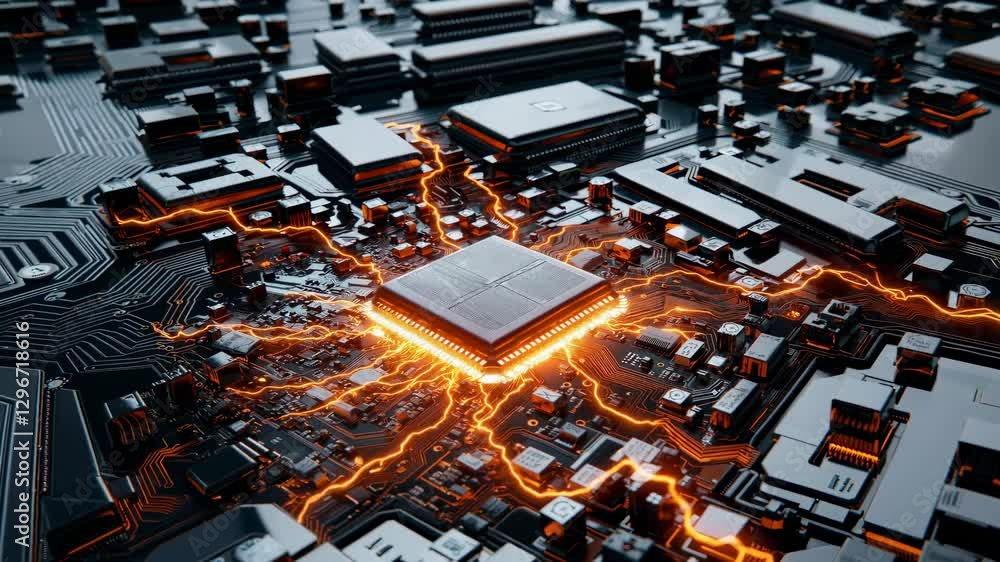 Poster processor emits energy on circuit board. close-up of microchip with glowing orange electricity trail