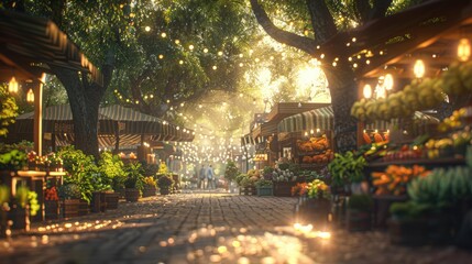 Charming Marketplace Scene with String Lights and Fresh Produce
