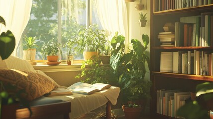 Fototapeta premium Sunlight streaming through a window onto lush indoor plants and a cozy reading nook.