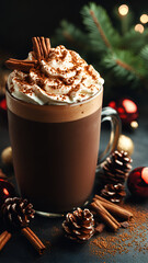 festive hot chocolate topped with whipped cream and cinnamon sticks