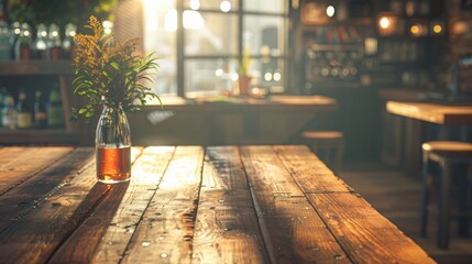 Serene Cafe Interior with Sunlight and Floral Arrangement on Table