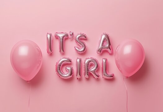 Pink balloon letters spelling 'It's a Girl' on a pastel pink background, perfect for baby shower celebrations and gender reveal events. Generative AI - Powered by Adobe