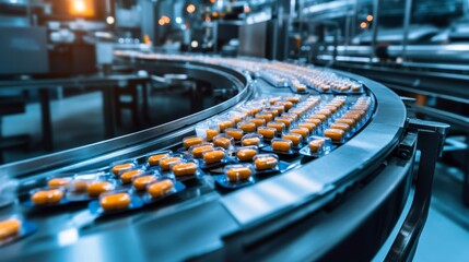 Pharmaceutical factory conveyor with orange capsules in modern industrial setting.
