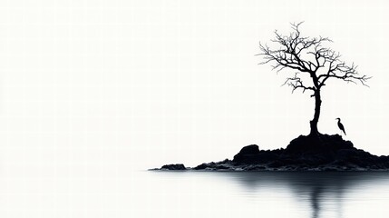 Stunning tree growing on a large rock surrounded by clear water under a bright blue sky