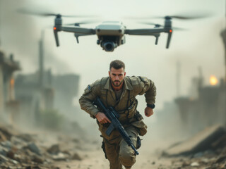 Fototapeta premium The soldier runs after the quadcopter on the battlefield