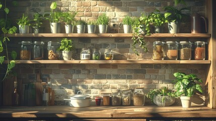 Rustic Kitchen Shelves Filled with Fresh Herbs and Spices