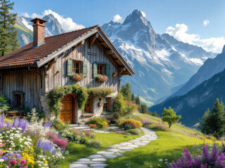 Fototapeta premium Beautiful mountain landscape with a wooden house in retro style