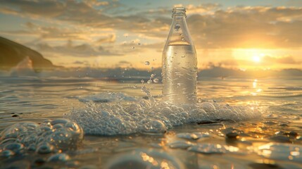 Clear Water Bottle in Ocean Foam at Sunset with Glimmering Reflections