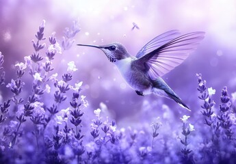 Beautiful hummingbird in a vibrant purple garden filled with lavender flowers and a dreamy soft background, showcasing the elegance of nature's colors and life.