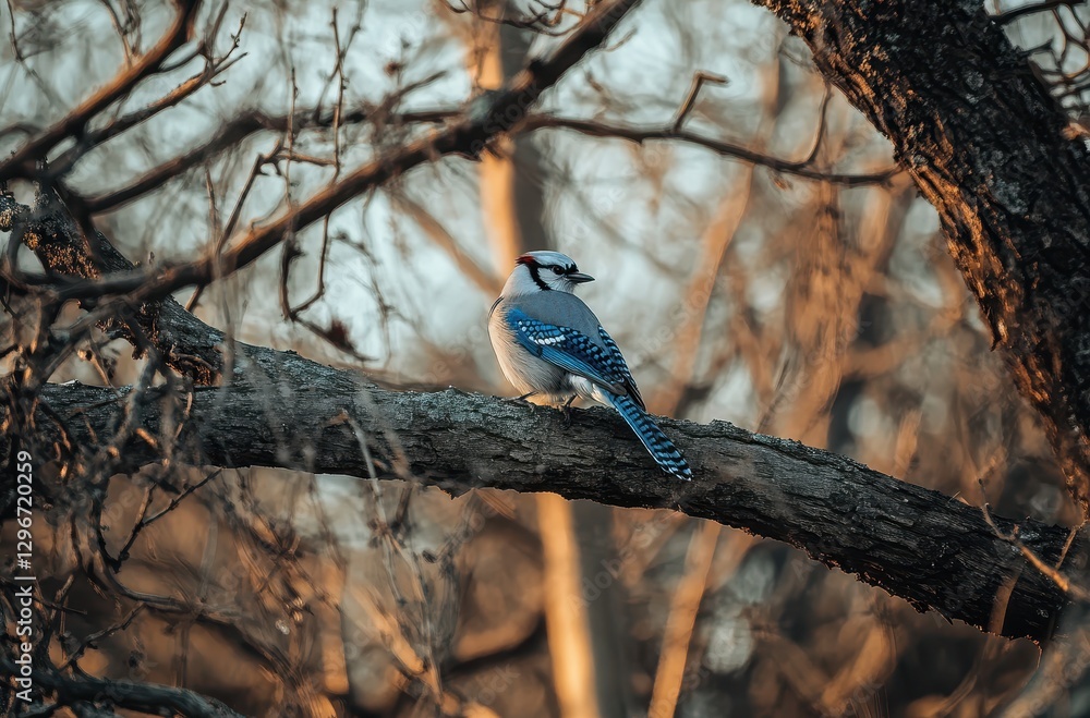 Poster beautiful jay bird perched on branch in late afternoon light surrounded by bare trees in natural set