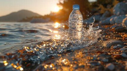 Plastic Water Bottle on Shore with Waves at Sunset in Nature