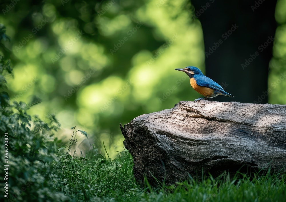 Poster beautiful kingfisher perched on a log in a lush green environment with soft bokeh background highlig