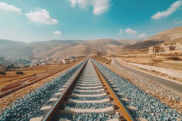 A panoramic view of railway tracks stretching into the distance, bordered by mountains and a clear blue sky, showcasing a serene landscape.