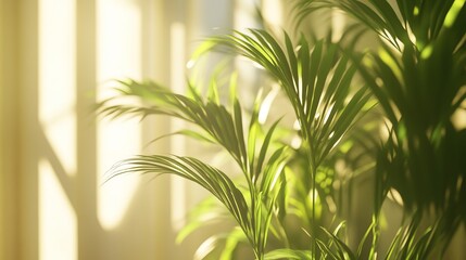 Obraz premium Soft and blurred minimalist space with green plants and warm sunlight casting gentle shadows, creating a refreshing, calm, and healing atmosphere, perfect for therapeutic visual experiences.