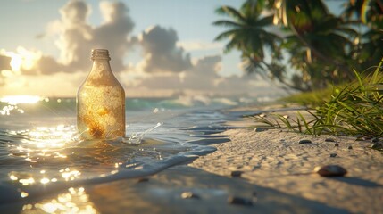 Glass Bottle in Ocean Waves with Tropical Beach and Sunny Sky