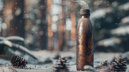 Rustic Metal Water Bottle Surrounded by Pine Cones and Snow
