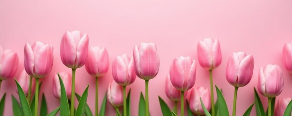 Fototapeta premium Soft pink tulips bloom in a serene field on a pale pink background, blossom, flowers