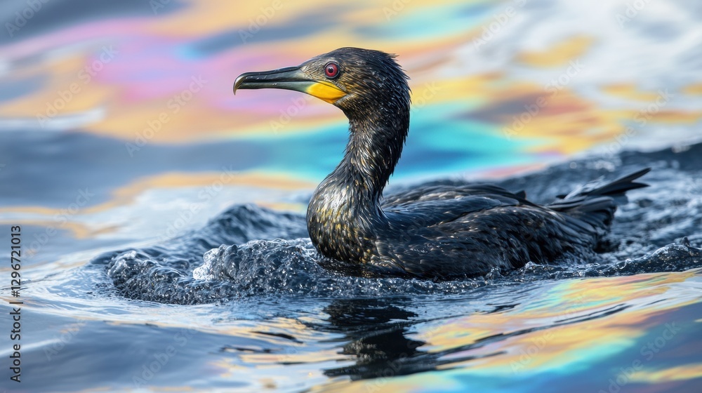 Poster oil spill impact on seabird struggling in polluted ocean waters filled with colorful sheen. generati
