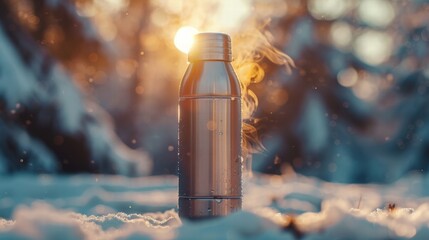 Steel Water Bottle in Snow with Steam at Sunrise in Winter Nature