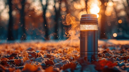 Warm Beverage in Metal Thermos Surrounded by Autumn Leaves