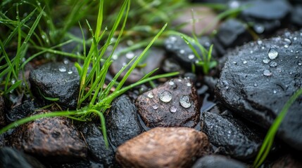 Close-Up of Water Drops on Stones Surrounded by Fresh Green Grass