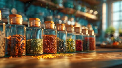 Colorful Spice Jars in a Cozy Kitchen Setting with Natural Light