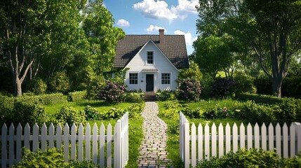 Naklejka premium A cozy 3D-rendered house surrounded by a white picket fence and lush greenery.