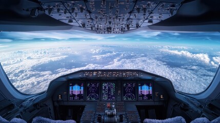 Cockpit View Over Clouds and Sky with Advanced Flight Instruments in an Aircraft, Blue Atmosphere, and Beautiful Horizon at Dawn or Dusk