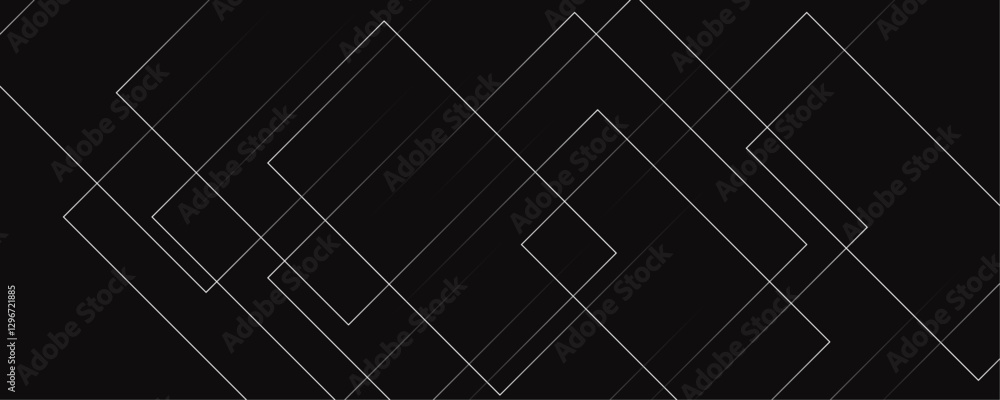 Poster abstract white color modern geometric dynamic lines pattern on black background banner design.