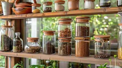 Various Spices and Herbs Stored in Glass Jars on Wooden Shelf