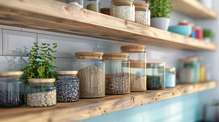 Rustic Kitchen Shelves Filled with Glass Jars and Natural Ingredients