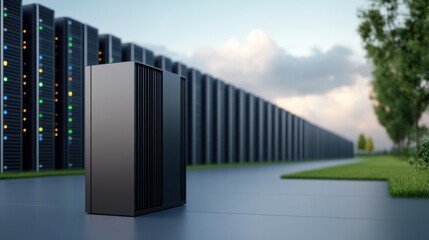 Obraz premium Modern Data Center with Server Racks and a Single Towering Server in the Foreground Against a Cloudy Sky