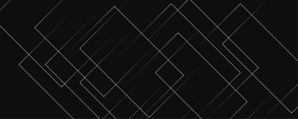 Abstract white color modern geometric dynamic lines pattern on black background banner design.