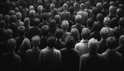 Obraz premium Black and white drawing of a dense crowd with their backs turned