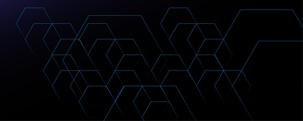 Abstract blue color modern geometric dynamic lines pattern on black background banner design.