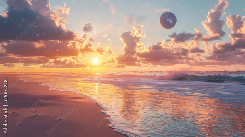 Poster stunning sunset over tranquil beach with soft waves and colorful clouds in the sky, cosmic element i
